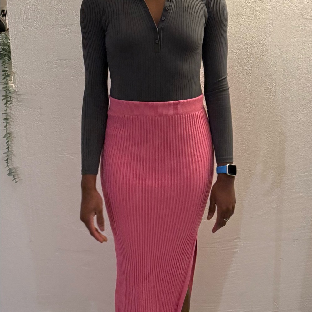 Pink Ribbed Midi Skirt
